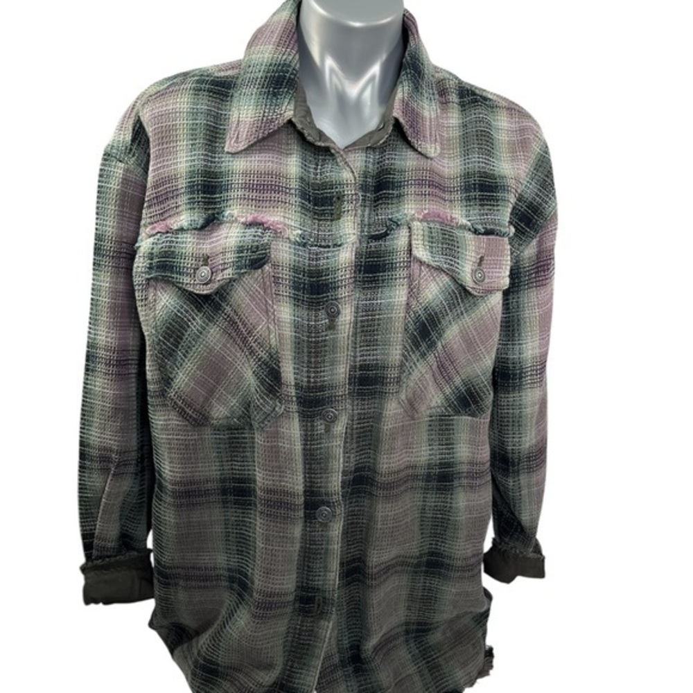 Free People Oversized Plaid Textured Button-Up Shirt